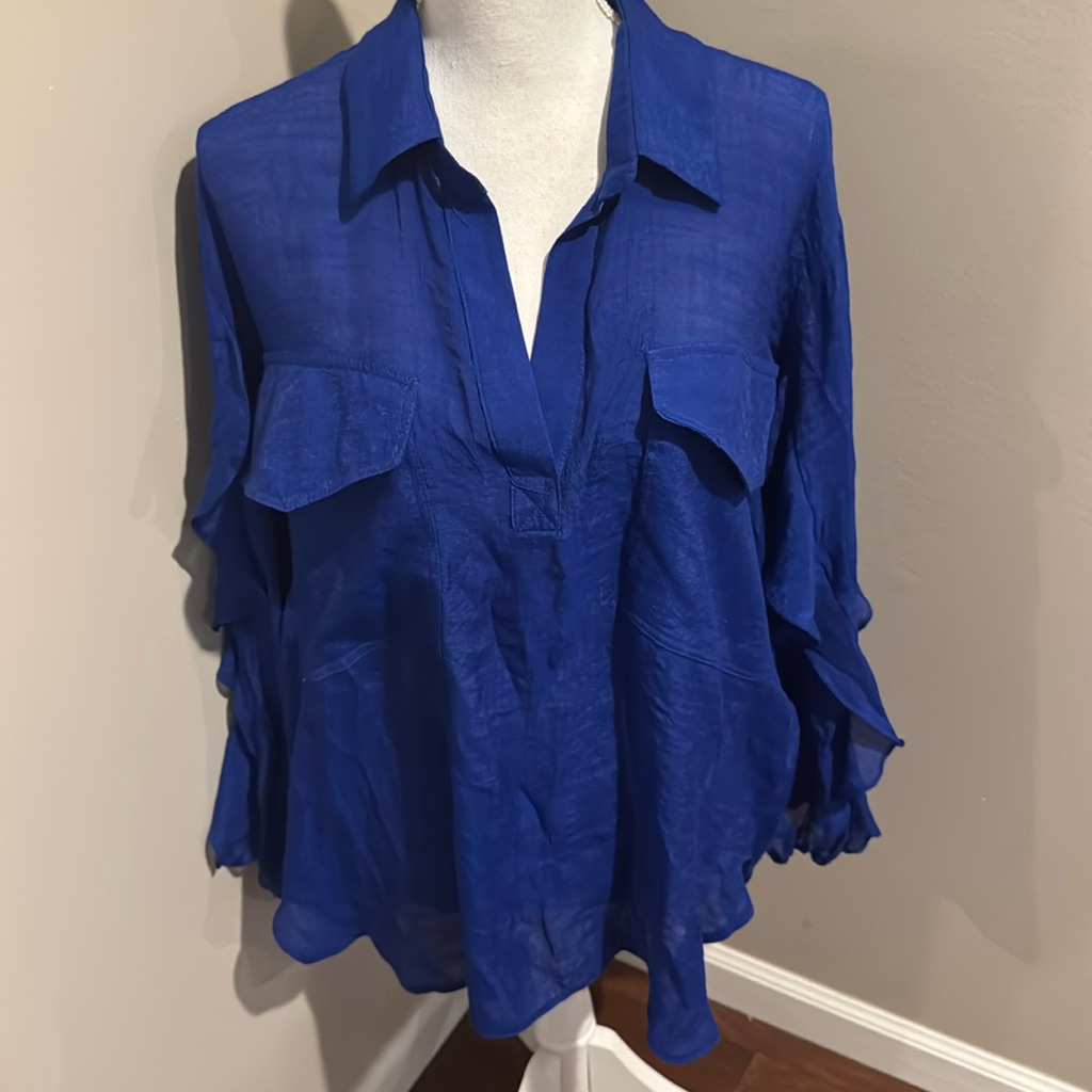 Briefly Parishp Nwot Ruffled Long Sleeve Blouse With Split Neck With Collar